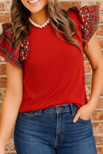 Load image into Gallery viewer, Plaid Pearl Ruffle Top RTS