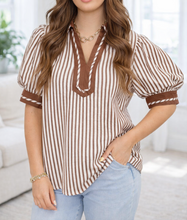 Load image into Gallery viewer, Khaki Stripe Bubble Sleeve Blouse January.
